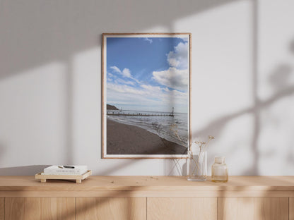 British Seaside Beach Poster, Coastal Photography Print, Groyne Shoreline Wall Art, Blue Sky Sea Print, English Coast Decor, Seaside Gift