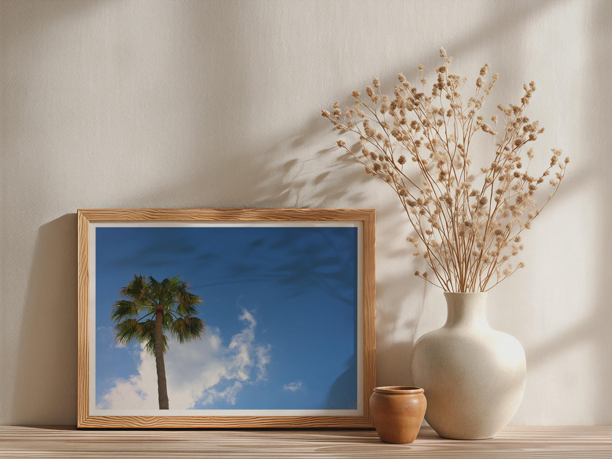Palm Tree Blue Sky Poster, Tropical Photography Framed-Print, Summer Wall Art, Holiday Sunshine Print, Coastal Nature Decor, Green Azure