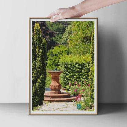 English Garden Sundial Poster, Terracotta Urn Wall Art, Formal Garden Print, Green Botanical Photography, Classic Garden Decor Gift
