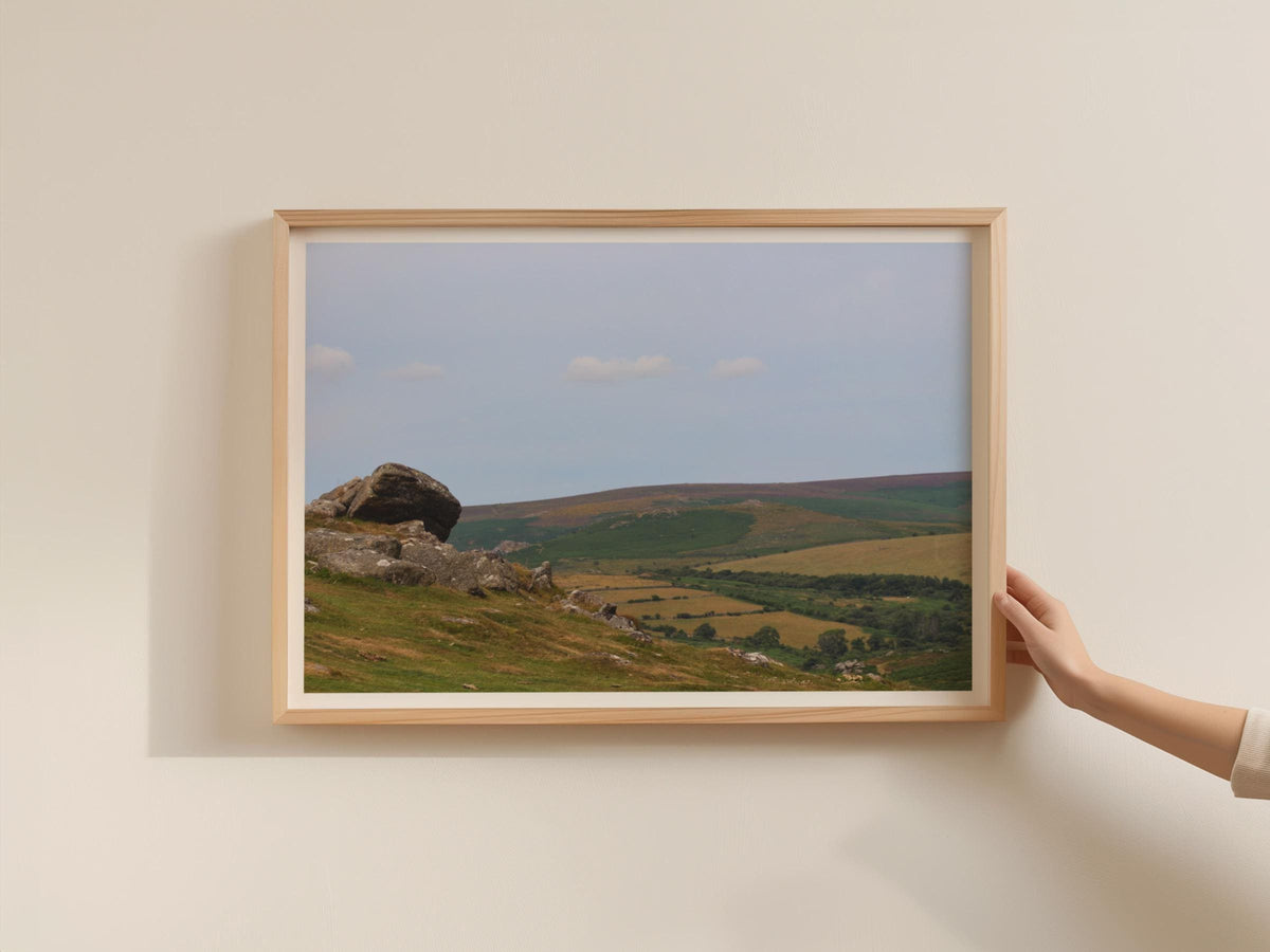 Dartmoor Tor Landscape Poster, Devon Moorland Framed-Print, granite rock rolling hills wall art, British countryside photography print