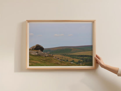 Dartmoor Tor Landscape Poster, Devon Moorland Framed-Print, granite rock rolling hills wall art, British countryside photography print