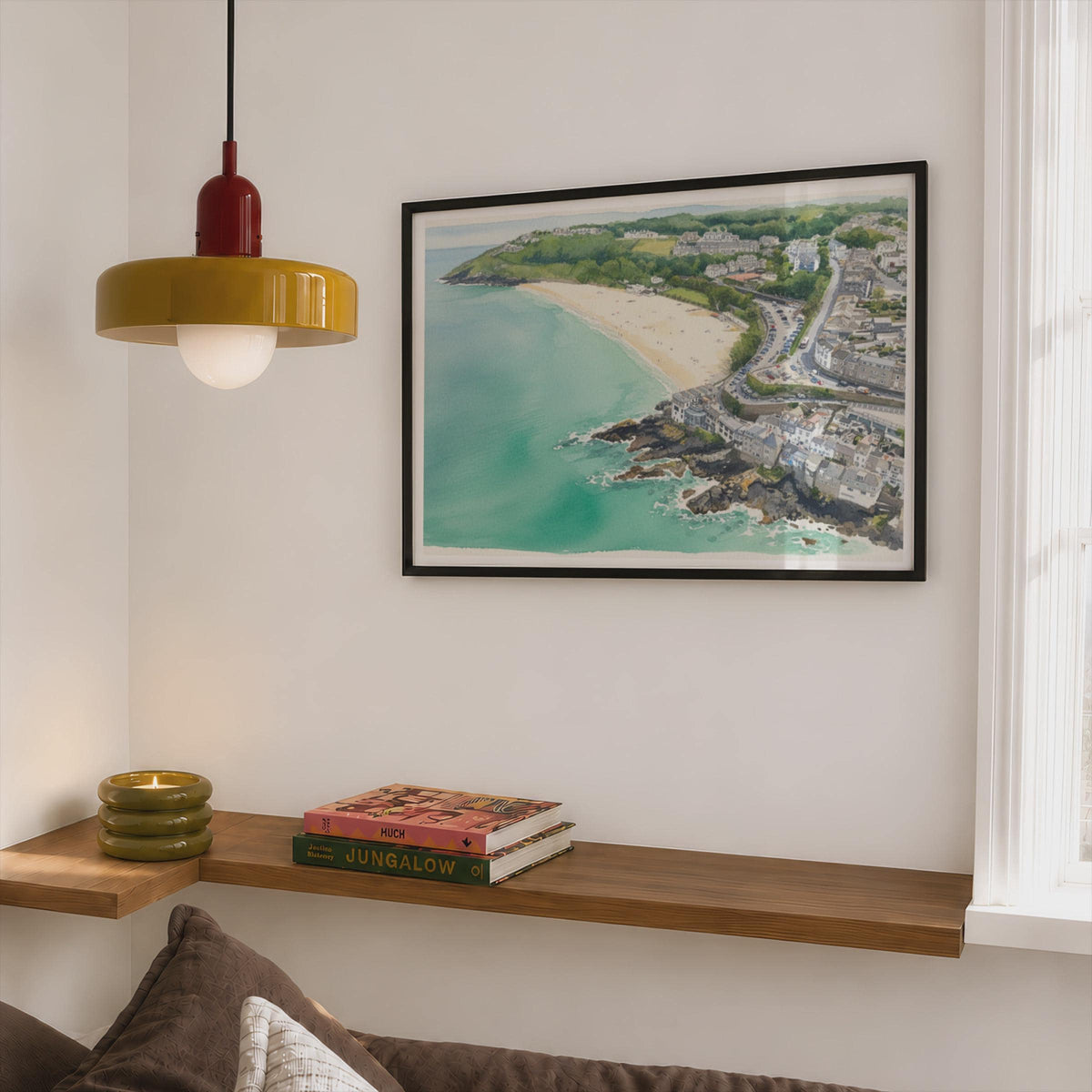 Cornwall Coastal Town Poster, Watercolour Beach Print, Framed-Print Cornwall Wall Art, Seaside Aerial View, Turquoise Sea, British Coast