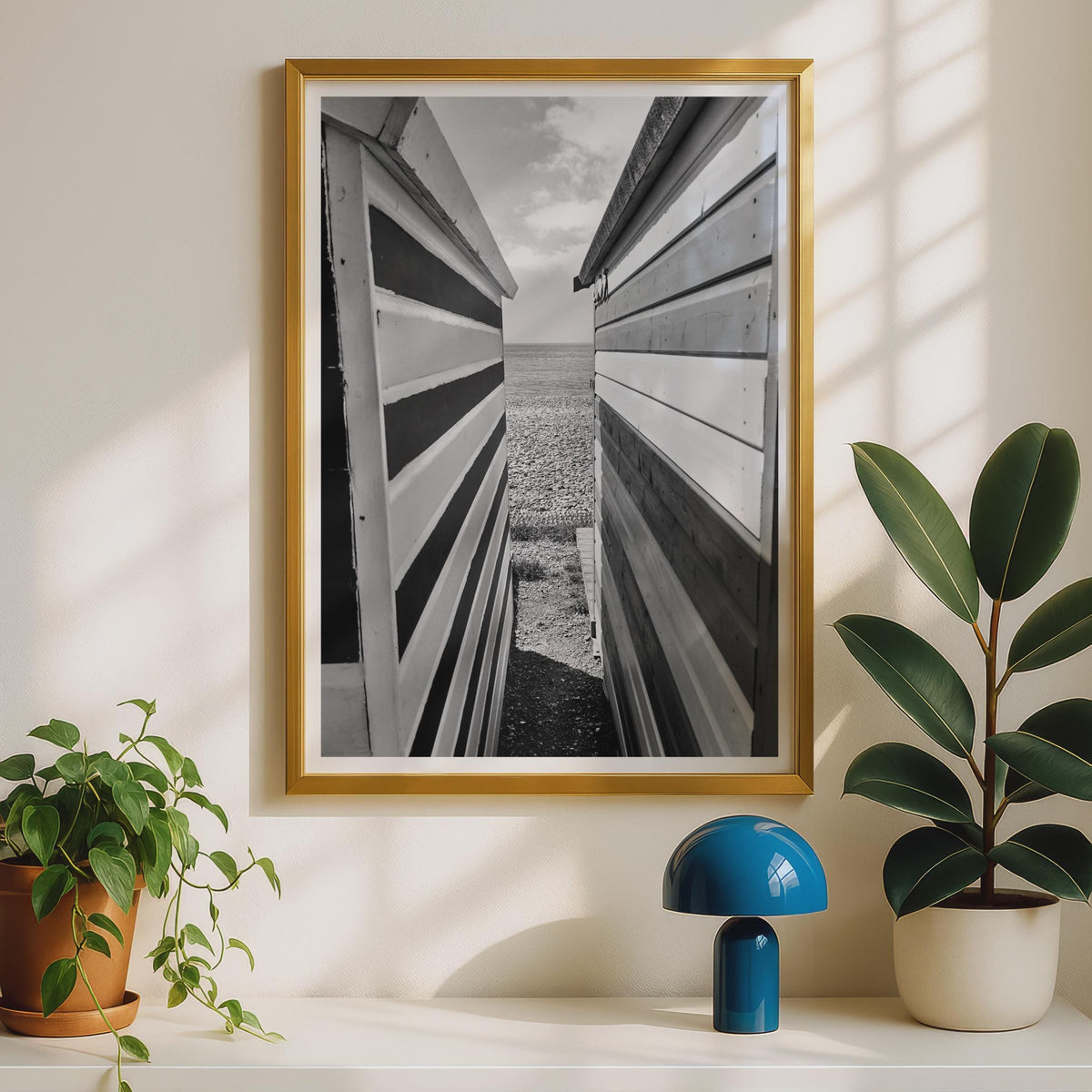Beach Hut Photography Print, Black and White Coastal Wall Art, Seaside Poster, Pebble Beach Photo, British Coastal Decor, Nautical Print