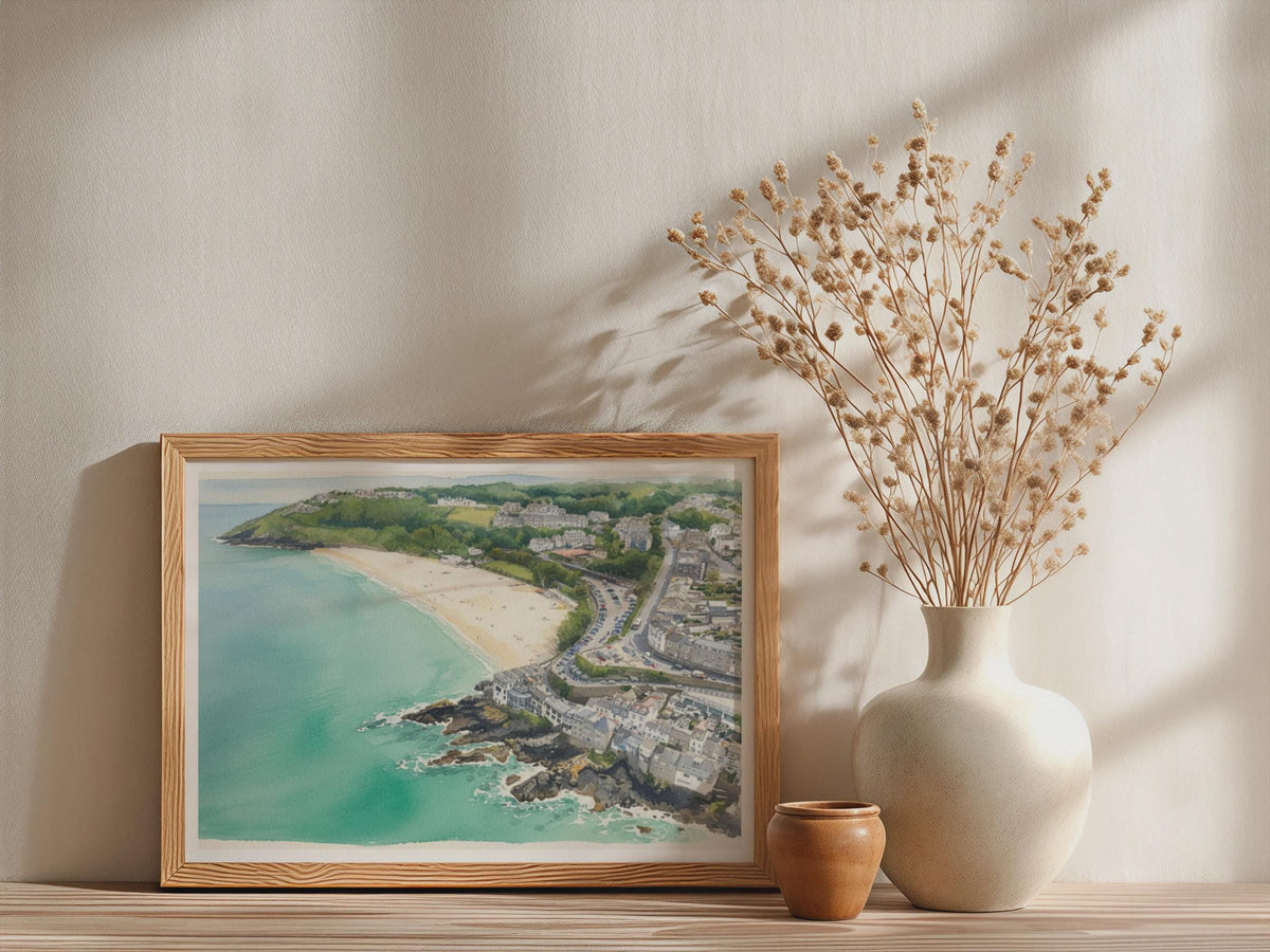 Cornwall Coastal Town Poster, Watercolour Beach Print, Framed-Print Cornwall Wall Art, Seaside Aerial View, Turquoise Sea, British Coast