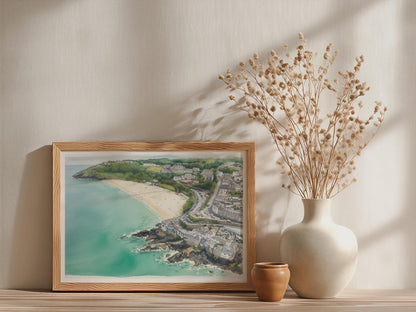 Cornwall Coastal Town Poster, Watercolour Beach Print, Framed-Print Cornwall Wall Art, Seaside Aerial View, Turquoise Sea, British Coast