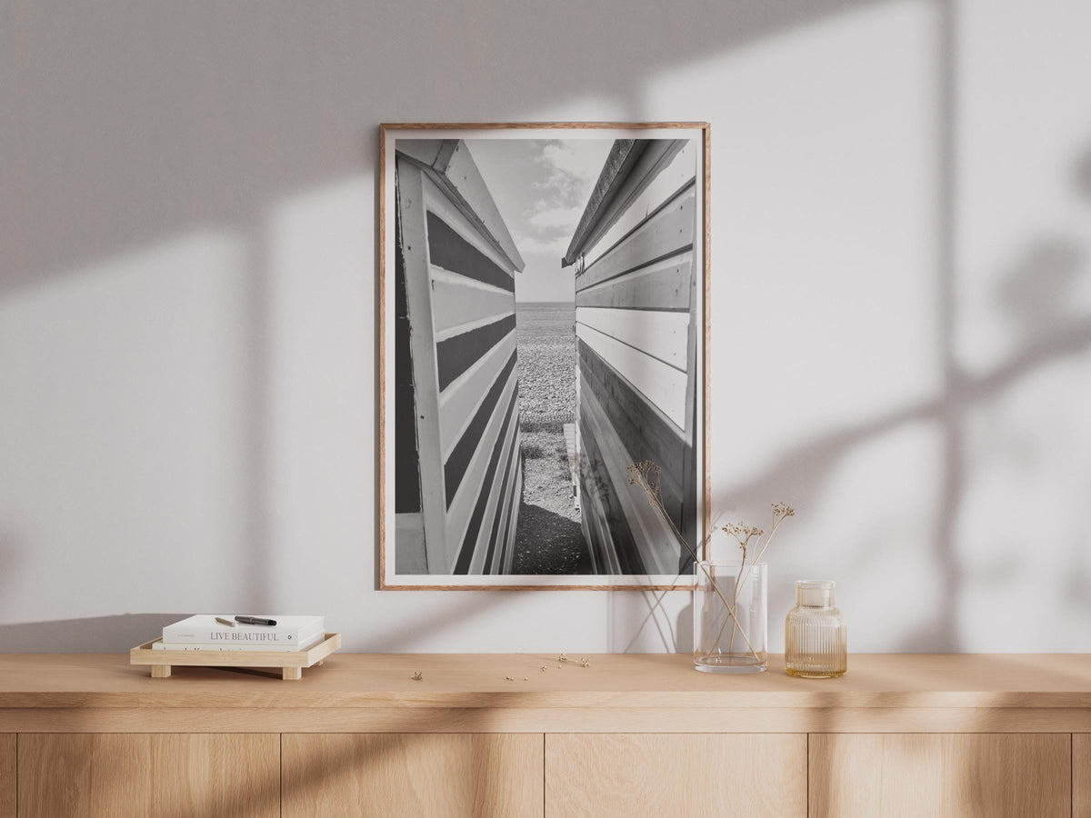 Beach Hut Photography Print, Black and White Coastal Wall Art, Seaside Poster, Pebble Beach Photo, British Coastal Decor, Nautical Print