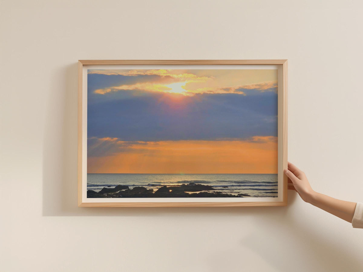 Coastal Sunset Poster, Rocky Shore Ocean Framed-Print, Golden Sky Seascape Wall Art, Dawn Dusk Landscape Photography Print