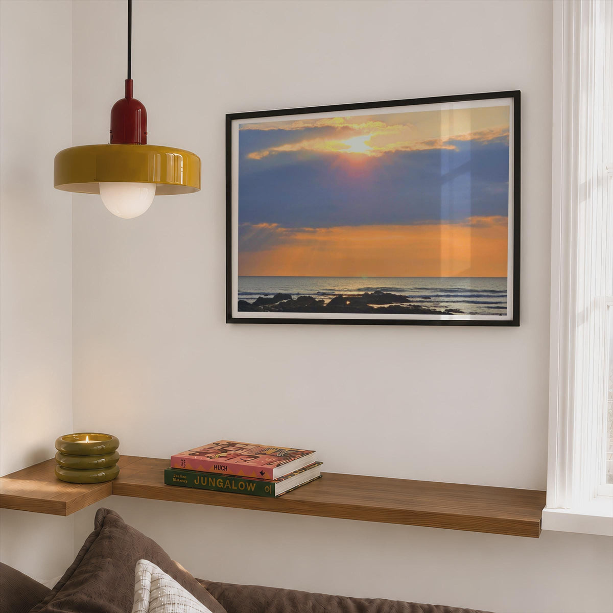 Coastal Sunset Poster mockup - Corner Bedroom Mockup - Landscape