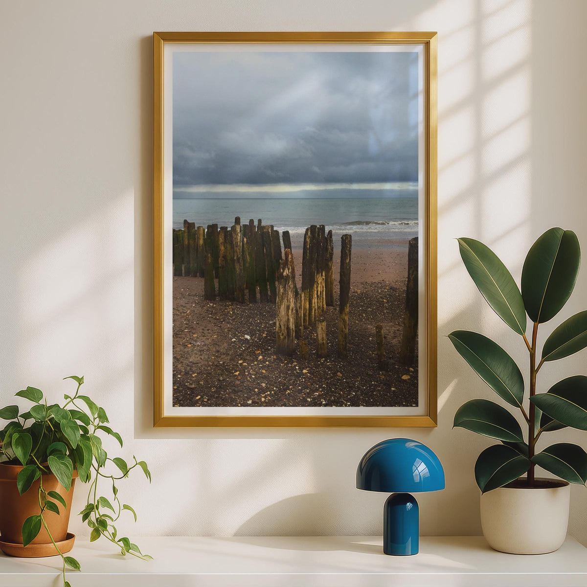 Wooden Groyne Beach Poster, Coastal Photography Print, Stormy Sea Wall Art, Moody Seaside Pebble Shore, British Coast Photo Print