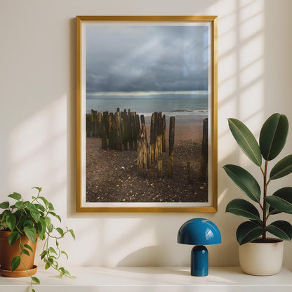 Wooden Groyne Beach Poster, Coastal Photography Print, Stormy Sea Wall Art, Moody Seaside Pebble Shore, British Coast Photo Print