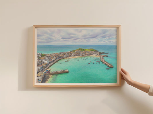 St Ives Cornwall Aerial Poster, Harbour Wall Art, Framed-Print, Coloured Pencil Style, Coastal Cornish Town Print, Turquoise Sea