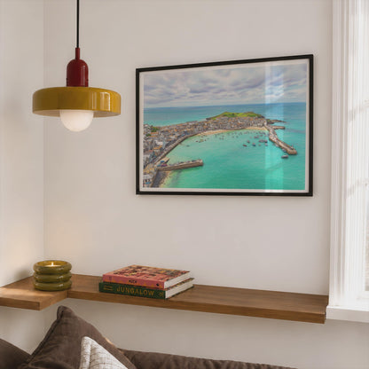 St Ives Cornwall Aerial Poster, Harbour Wall Art, Framed-Print, Coloured Pencil Style, Coastal Cornish Town Print, Turquoise Sea