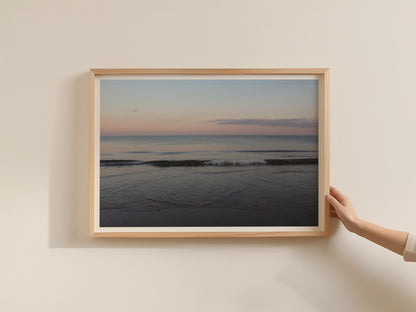 Coastal Sunset Seascape Poster, Pastel Pink Sky Ocean Wall Art, Calm Sea Beach Framed-Print, Minimalist Seaside Photography Print