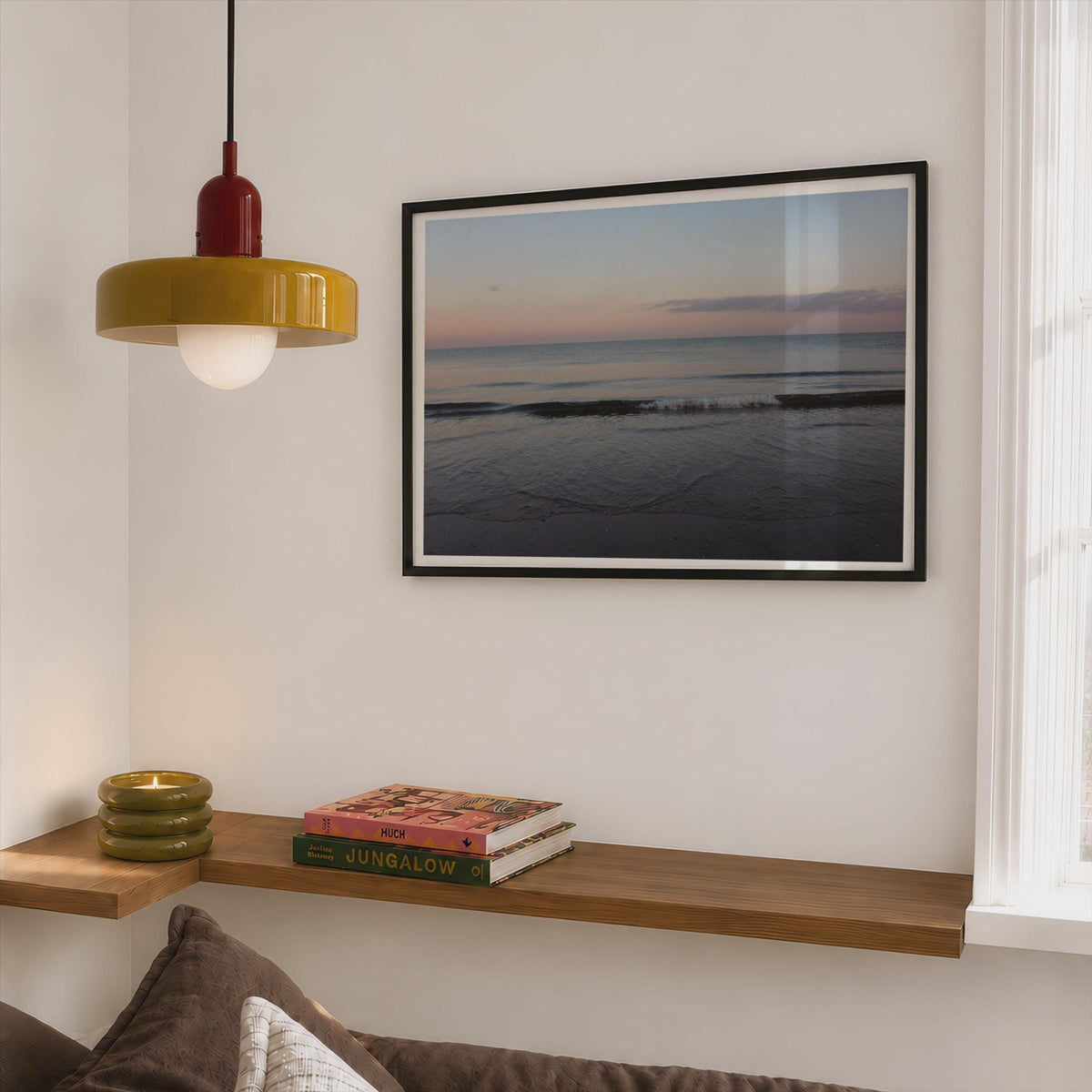 Coastal Sunset Seascape Poster mockup - Corner Bedroom Mockup - Landscape