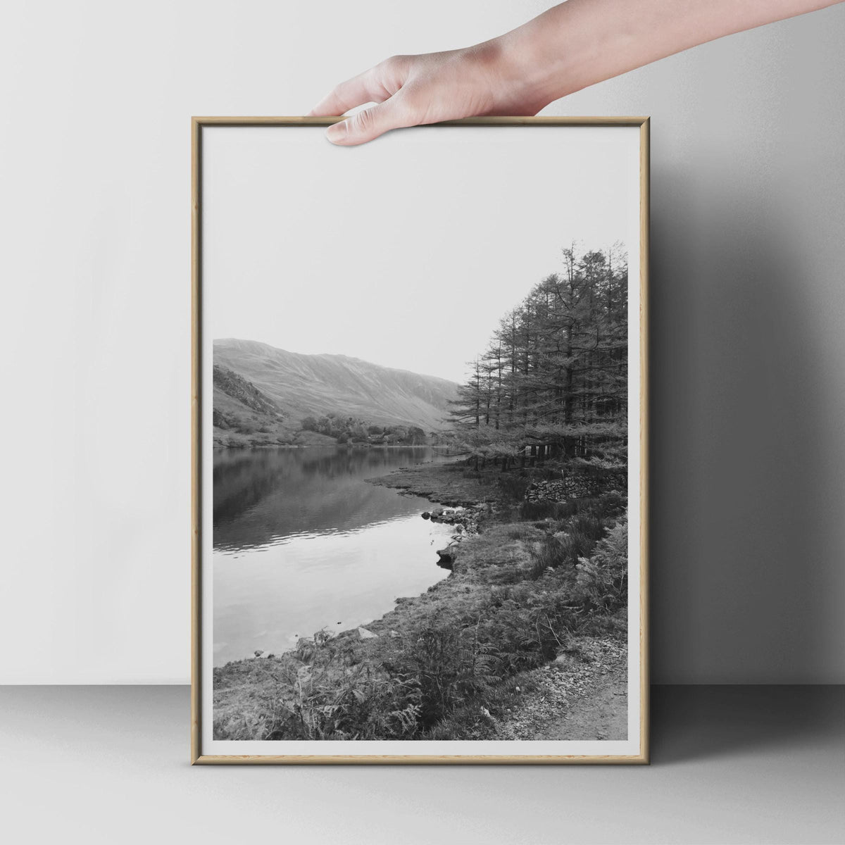Black and White Lake District Trees Poster, Mountain Lake Wall Art, Monochrome Forest Print, Lakeside Nature Photography, British Landscape