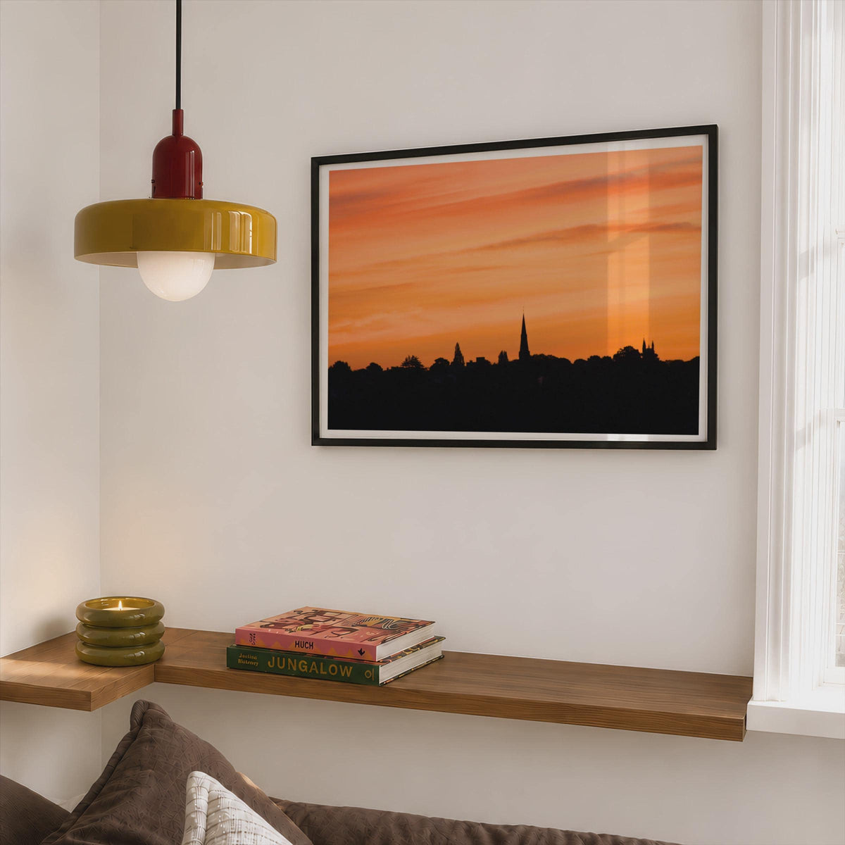 Church Spire Sunset Silhouette Poster mockup - Corner Bedroom Mockup - Landscape