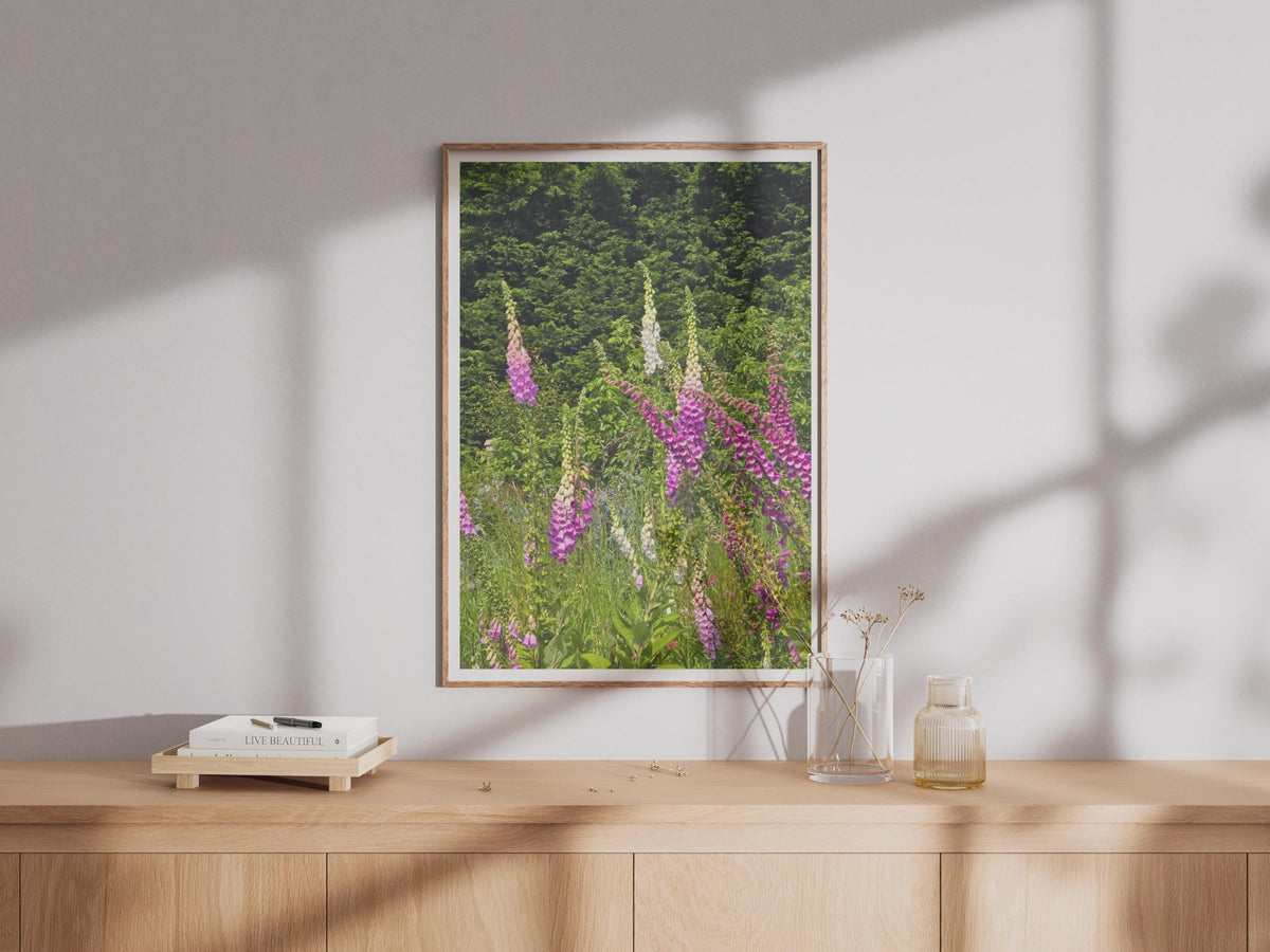 Foxglove Flower Print, Pink Purple Garden Wall Art, British Wildflower Poster, Cottage Garden Decor, Summer Floral Photography Print