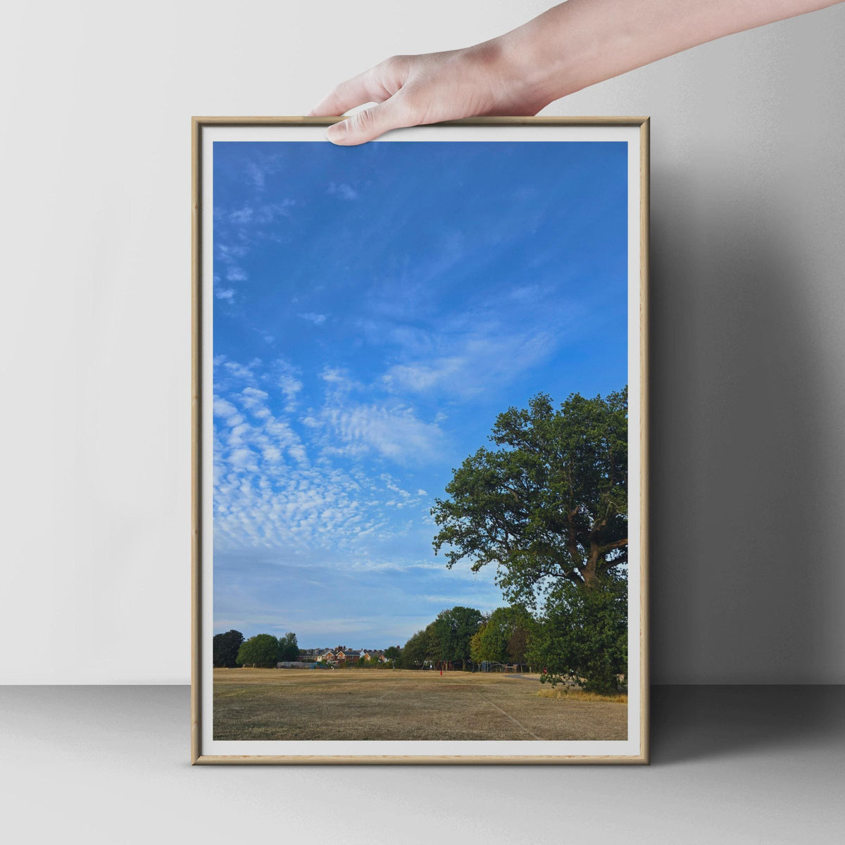 English Summer Park Landscape Poster, Oak Tree Blue Sky Print, British Countryside Wall Art, Sunny Open Field Photo Print for Living Room