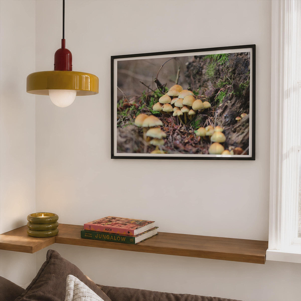 Wild Mushroom Cluster Poster mockup - Corner Bedroom Mockup - Landscape