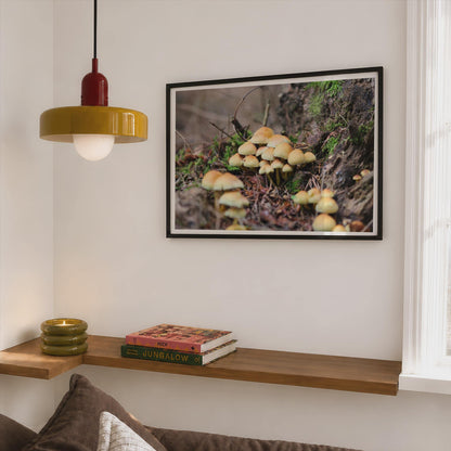 Wild Mushroom Cluster Poster mockup - Corner Bedroom Mockup - Landscape