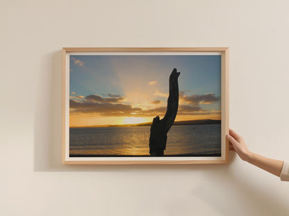 Driftwood Sunset Coastal Landscape Poster, Beach Silhouette Framed-Print, Golden Sky Seascape Wall Art, Nautical Home Decor Gift