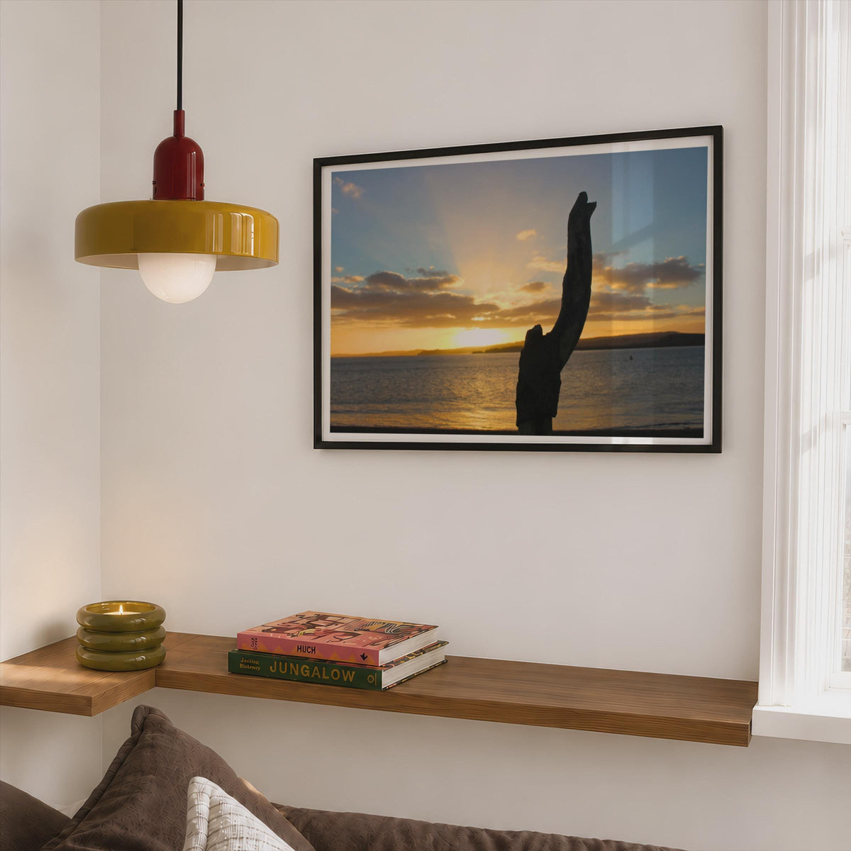 Driftwood Sunset Coastal Landscape Poster mockup - Corner Bedroom Mockup - Landscape