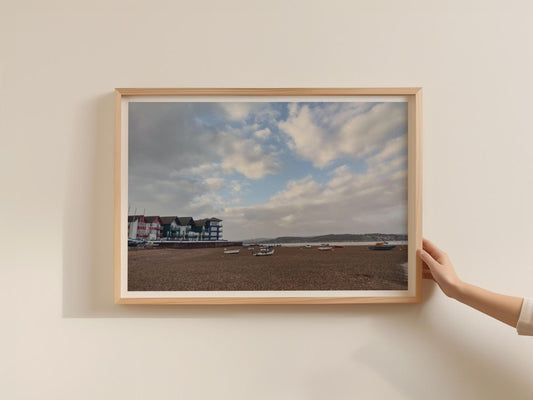 Exmouth Beach Poster, Devon Coastal Framed-Print, Boats on Shingle Shore Wall Art, Estuary Sky, British Seaside Print