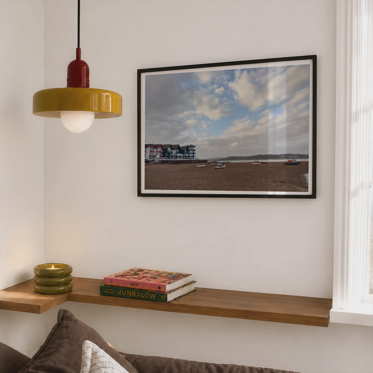 Exmouth Beach Poster, Devon Coastal Framed-Print, Boats on Shingle Shore Wall Art, Estuary Sky, British Seaside Print