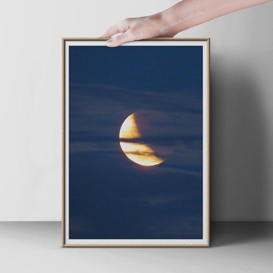 Crescent Moon Photography Print, Golden Moon Behind Clouds Poster, Night Sky Wall Art, Blue and Gold Celestial Bedroom Decor