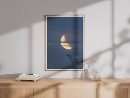 Crescent Moon Photography Print, Golden Moon Behind Clouds Poster, Night Sky Wall Art, Blue and Gold Celestial Bedroom Decor