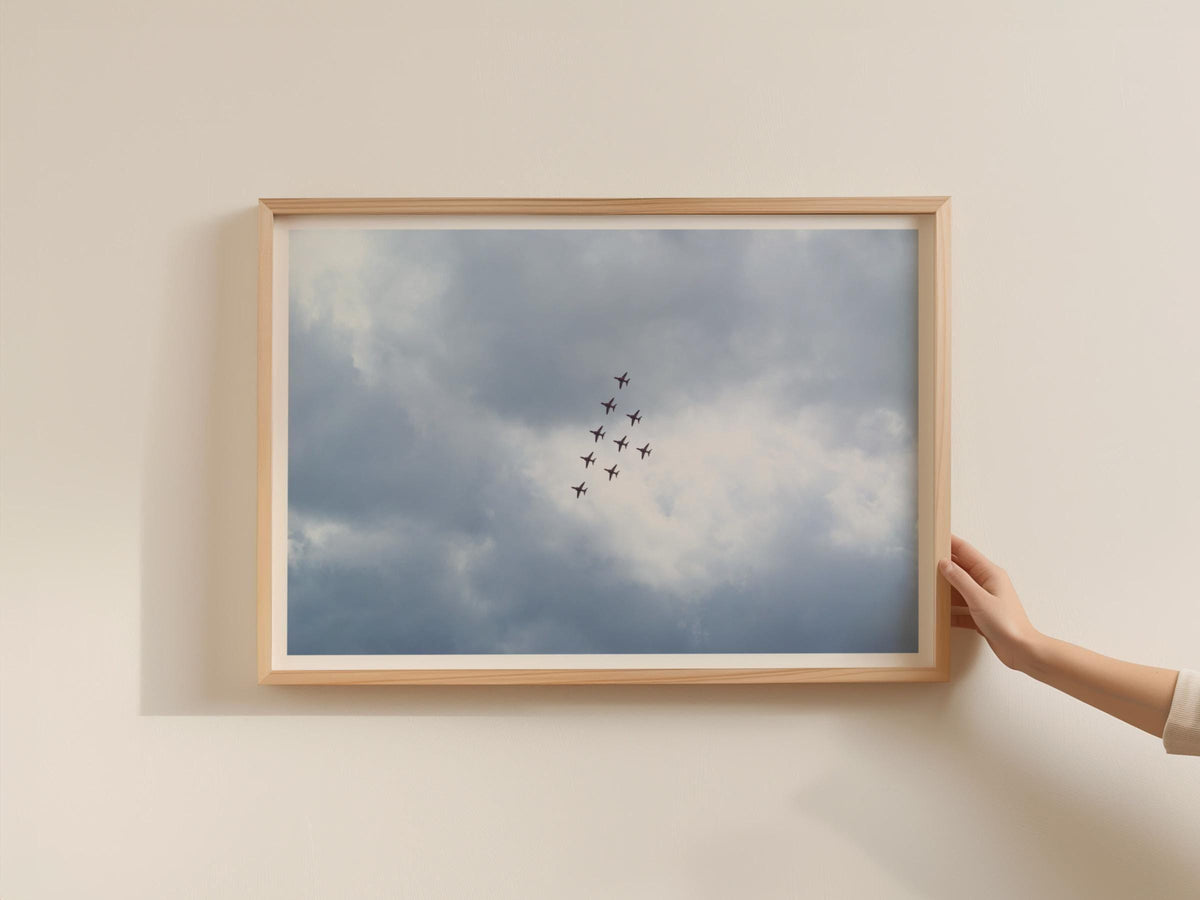 Red Arrows Formation Flying Poster, RAF Display Team Framed-Print, Grey Sky Jet Aircraft Wall Art, Aviation Gift, Dramatic Cloudy Sky Print