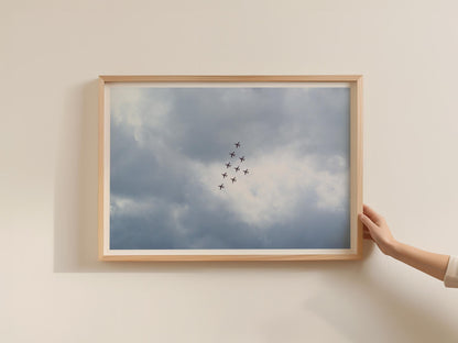 Red Arrows Formation Flying Poster, RAF Display Team Framed-Print, Grey Sky Jet Aircraft Wall Art, Aviation Gift, Dramatic Cloudy Sky Print