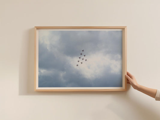 Red Arrows Formation Flying Poster, RAF Display Team Framed-Print, Grey Sky Jet Aircraft Wall Art, Aviation Gift, Dramatic Cloudy Sky Print