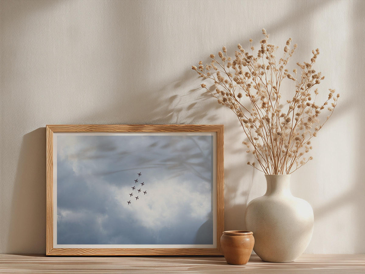 Red Arrows Formation Flying Poster, RAF Display Team Framed-Print, Grey Sky Jet Aircraft Wall Art, Aviation Gift, Dramatic Cloudy Sky Print
