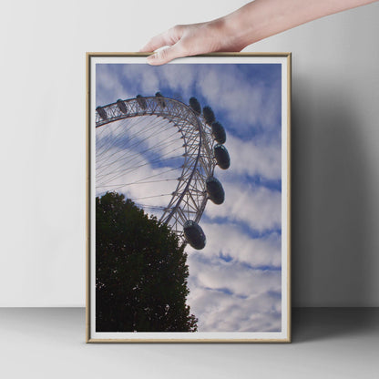 London Eye Poster, Ferris Wheel Photography Print, London Landmark Wall Art, South Bank Cityscape, Blue Sky Travel Photo Print