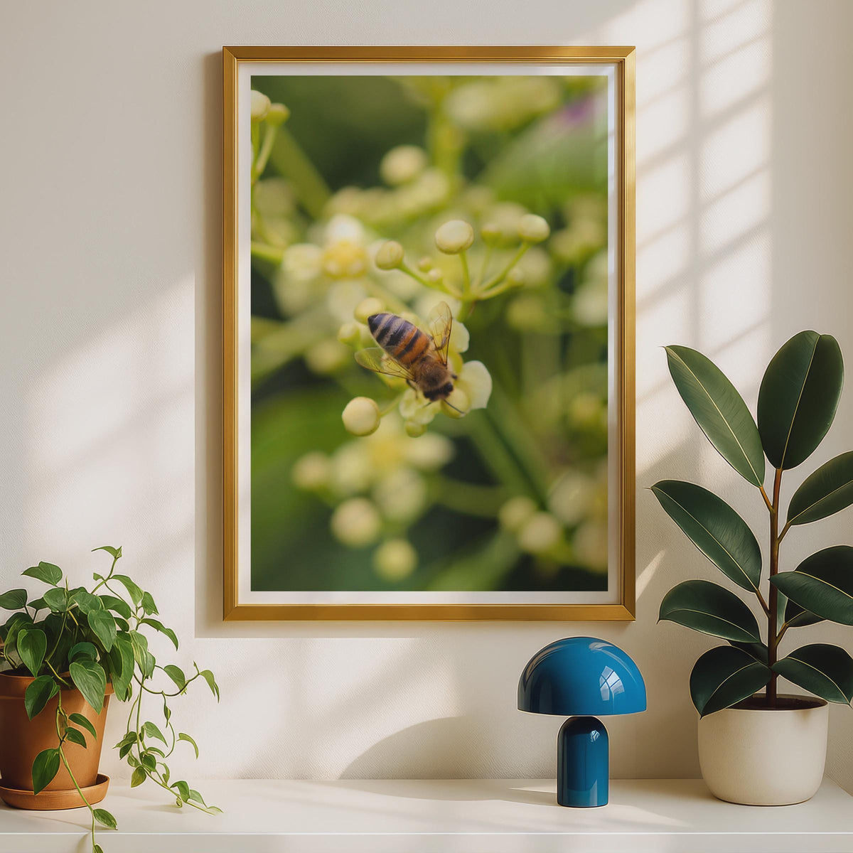 Honeybee on Flower Poster, Macro Bee Photography Print, Nature Wall Art, Green Botanical Insect Print, Garden Wildlife Photo Poster