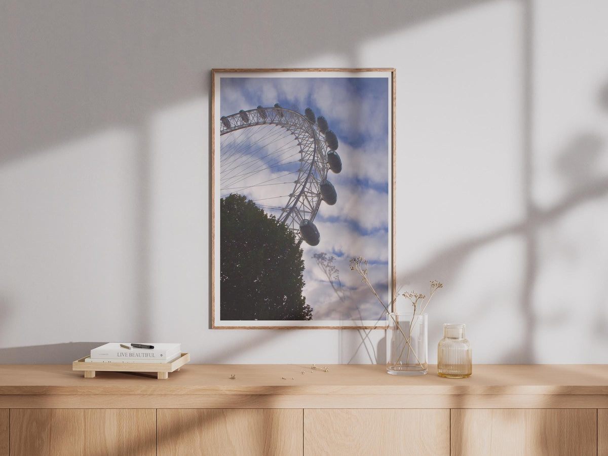 London Eye Poster, Ferris Wheel Photography Print, London Landmark Wall Art, South Bank Cityscape, Blue Sky Travel Photo Print