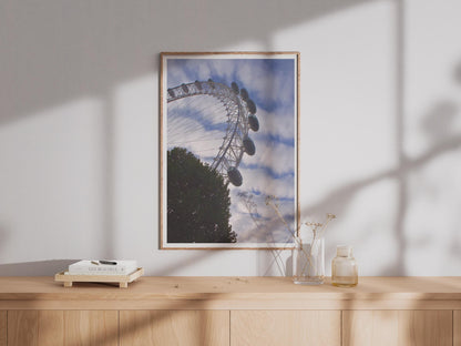 London Eye Poster, Ferris Wheel Photography Print, London Landmark Wall Art, South Bank Cityscape, Blue Sky Travel Photo Print