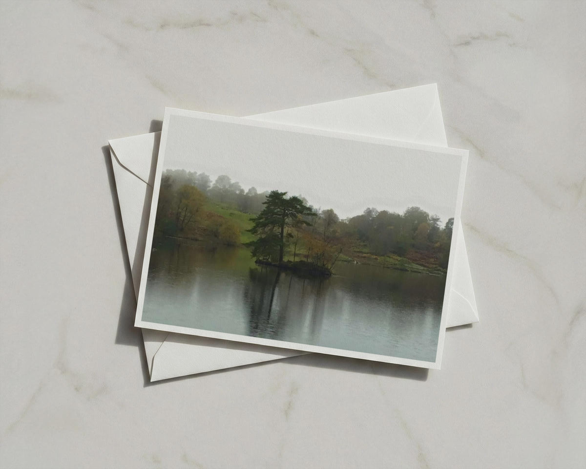 Lake District Misty Trees Landscape Poster, Tarn Island Framed Print, Autumn Nature Wall Art, Moody English Countryside Photography Print