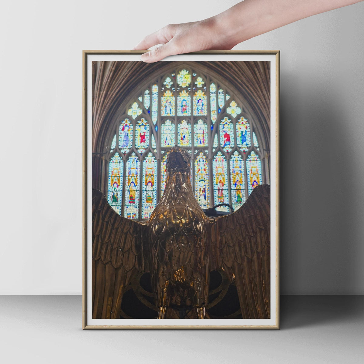 Brass Eagle Lectern Cathedral Poster, Stained Glass Window Print, Gothic Church Architecture Wall Art, Religious Interior Photography