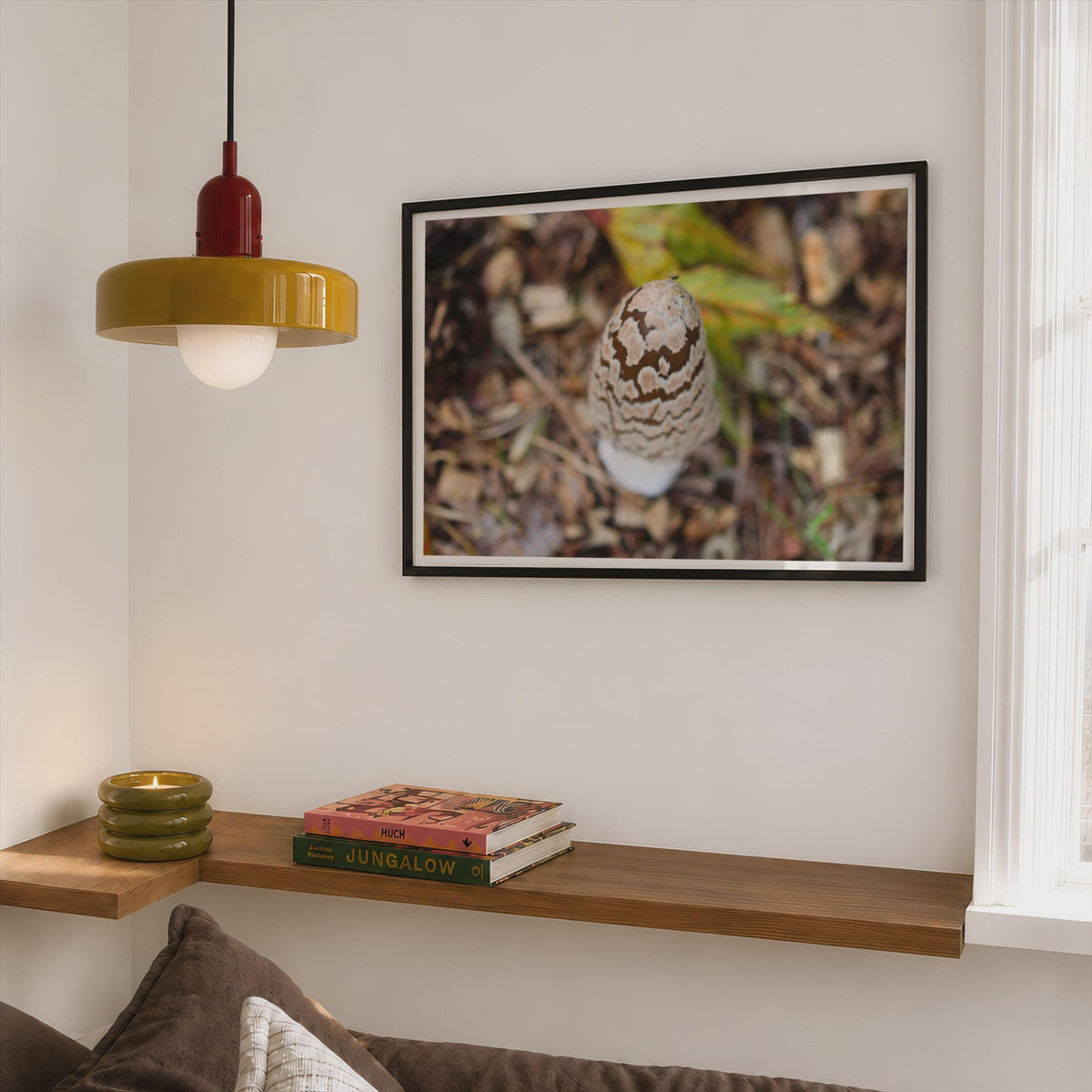 Magpie Inkcap Mushroom Poster mockup - Corner Bedroom Mockup - Landscape