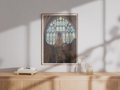 Brass Eagle Lectern Cathedral Poster, Stained Glass Window Print, Gothic Church Architecture Wall Art, Religious Interior Photography