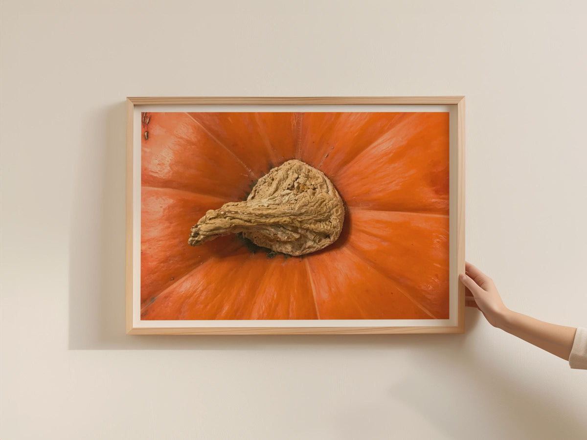 Pumpkin Stem Close Up Poster, Orange Autumn Wall Art, Framed-Print, Harvest Macro Photography, Kitchen Decor, Bold Orange Nature Print