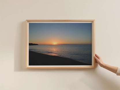 Coastal Sunrise Seascape Poster, Beach Dawn Landscape Framed-Print, Orange Blue Ocean Wall Art, Calm Sea Photography Print for Living Room