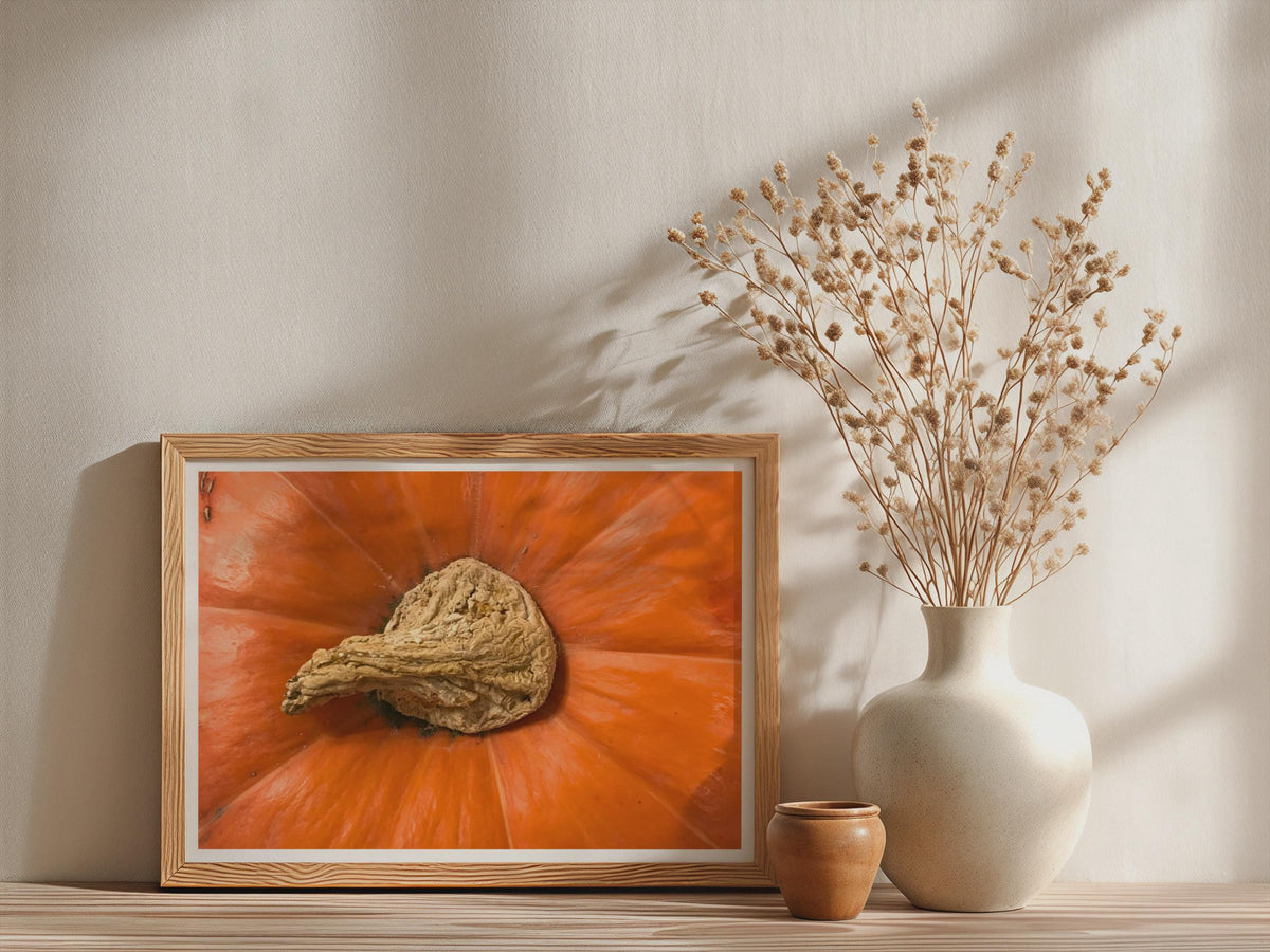 Pumpkin Stem Close Up Poster, Orange Autumn Wall Art, Framed-Print, Harvest Macro Photography, Kitchen Decor, Bold Orange Nature Print