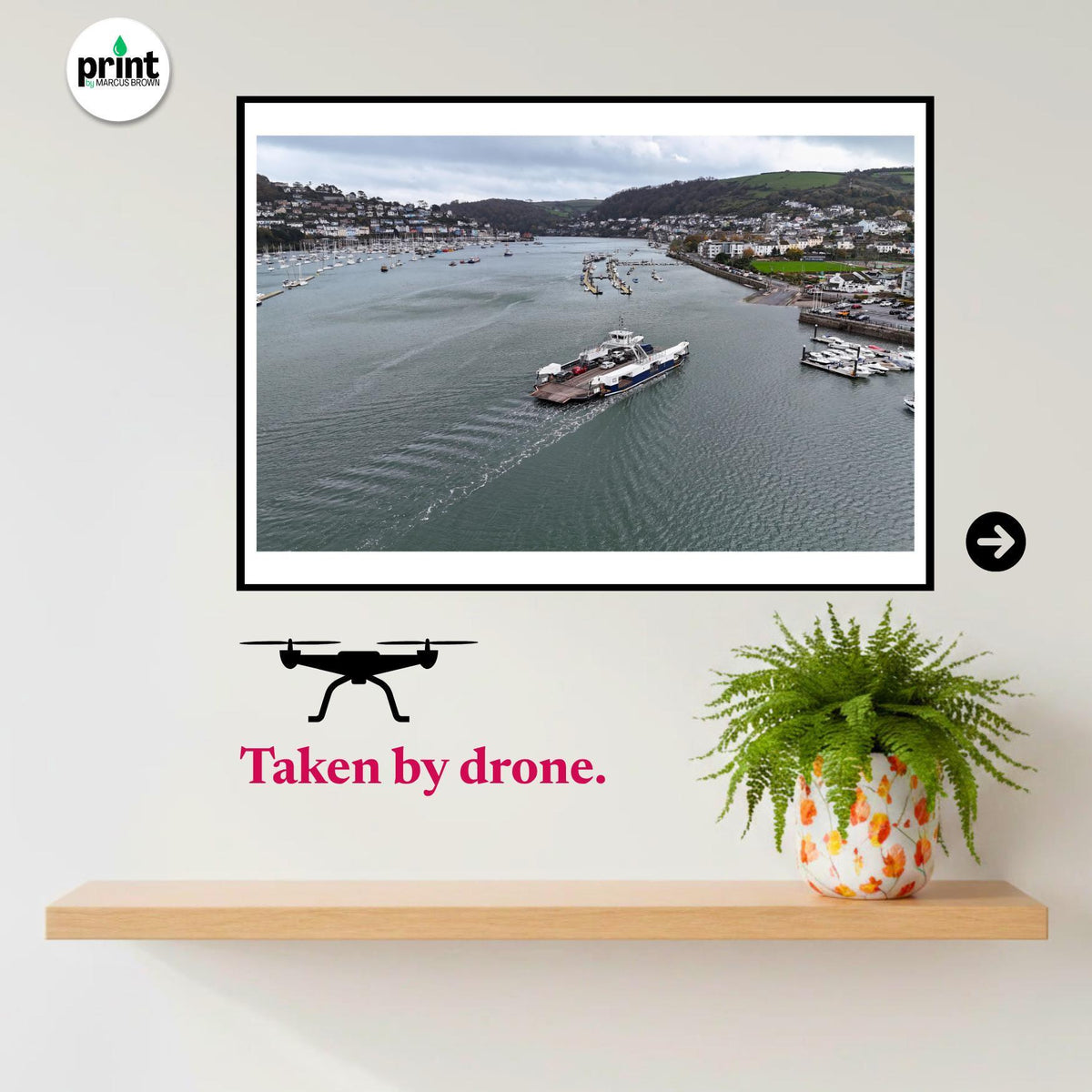 Dartmouth Higher Ferry Drone Photograph, River Dart Wall Art Print