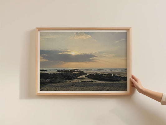 Coastal Sunset Beach Poster, Rocky Shore Seascape Framed-Print, Dawn and Dusk Landscape Wall Art, Ocean Photography Print, Seaside Decor