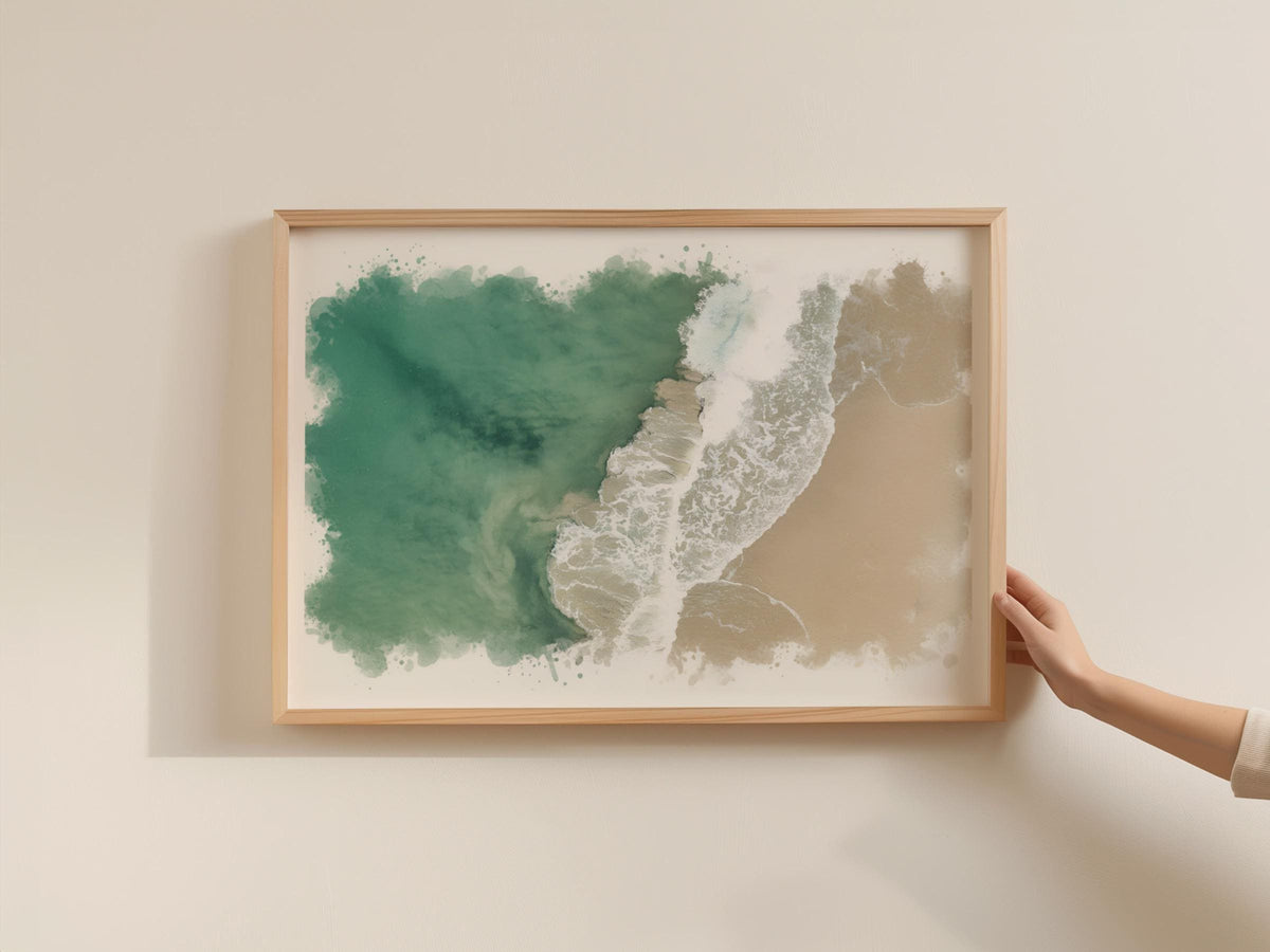 Cornwall Aerial Beach Waves Poster, Coastal Watercolour Framed-Print, Teal Ocean Wall Art, Cornish Seaside Print, Surf and Sand Home Decor