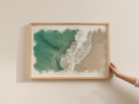 Cornwall Aerial Beach Waves Poster, Coastal Watercolour Framed-Print, Teal Ocean Wall Art, Cornish Seaside Print, Surf and Sand Home Decor
