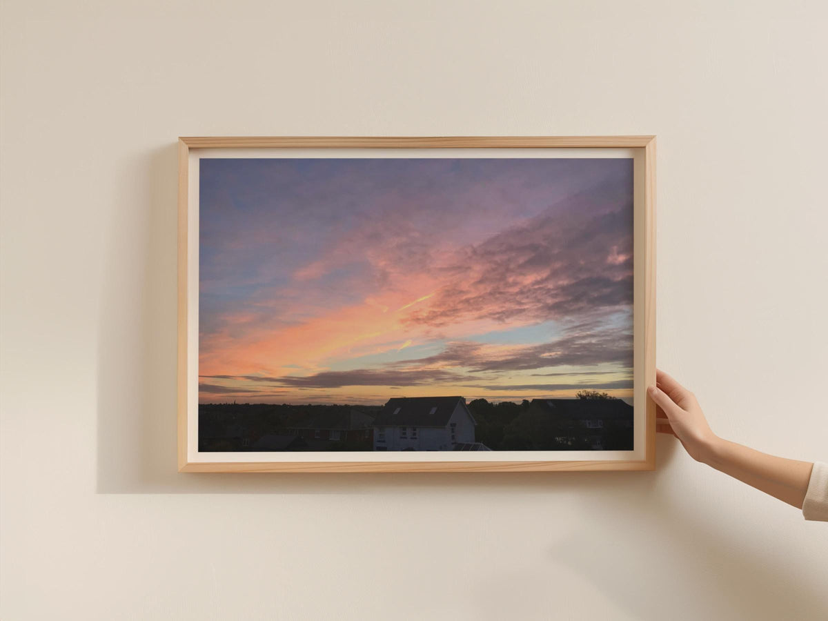 Sunset Sky Over English Town Poster, Pink Purple Clouds Wall Art, Framed-Print, Dusk Rooftop Skyline, Living Room Bedroom Decor